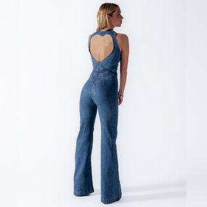 Heart Back Cutout Denim Jumpsuit